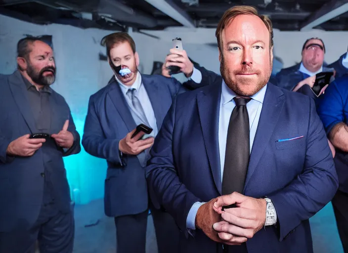 Image similar to dslr photo still of infowars host alex jones in a blue suit fat beard and mustache sitting depressed in a room filled to the ceiling with cell phones, 5 2 mm f 5. 6