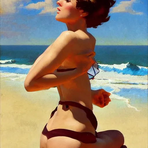Image similar to greg manchess painting of tracer wearing a 1 9 2 0 s bikini in a beach, medium shot, organic painting, sunny day, bold shapes, hard edges, street art, trending on artstation, by huang guangjian and gil elvgren and sachin teng and artgerm and greg rutkowski and alphonse mucha