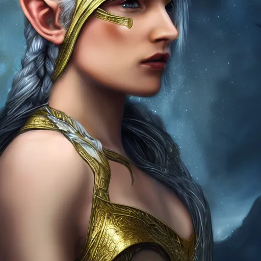 Prompt: side portrait of a young female elven warrior, fantasy, white hair, hair blowing in the wind, hyperrealistic, gold armour, white skin, trending on artstation, gsociety, D&D, elegant, highly detailed, realistic eyes, detailed illustration, smooth, sharp focus, upper body, intricate, rule of thirds, holy glow, backlit, rich colour, hd 4k by Greg Rutkowski, Alphonse Mucha, Ayami Kojima, Charlie Bowater, Kentaro Miura, Karol Bak, Artgerm, Loish, Greg Hildebrandt, Norman Rockwell