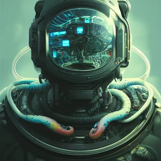 Image similar to hyperrealistic portrait of a squid monster astronaut, full body portrait, well lit, intricate abstract. cyberpunk, intricate artwork, by Tooth Wu, wlop, beeple. octane render,in the style of Jin Kagetsu, James Jean and wlop, highly detailed, sharp focus, intricate concept art, digital painting, ambient lighting, 4k, artstation