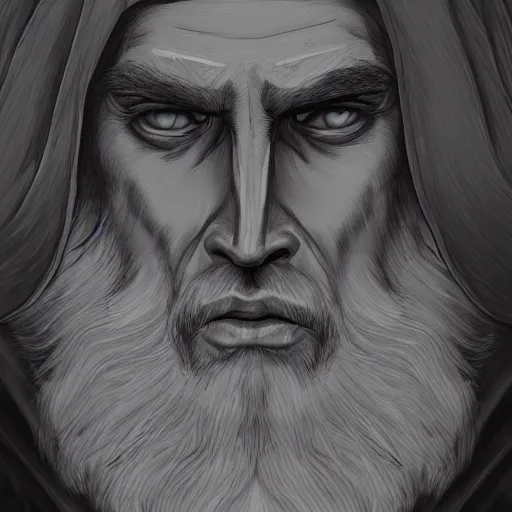 Image similar to a highly detailed portrait of a man without a beard, purple eyes, light gray long hair, wearing a black cloak, artstation, DeviantArt, professional, digital art