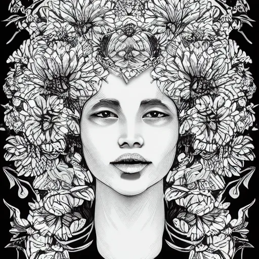Image similar to the head of a beautiful woman partially made of bananas and chrysanthemums looking up, an ultrafine detailed illustration by james jean, final fantasy, intricate linework, bright colors, behance contest winner, vanitas, angular, altermodern, unreal engine 5 highly rendered, global illumination, radiant light, detailed and intricate environment
