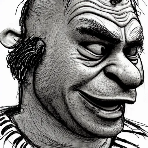 Image similar to a realistic yet scraggly portrait sketch of the side profile of a stern and sophisticated shrek, trending on artstation, intricate details, in the style of frank auerbach, in the style of sergio aragones, in the style of martin ansin, in the style of david aja, in the style of mattias adolfsson