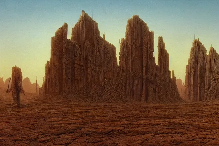 Image similar to intricate, 3 d, endless wastes vast desert abandoned buildings, style by caspar david friedrich and wayne barlowe and ted nasmith