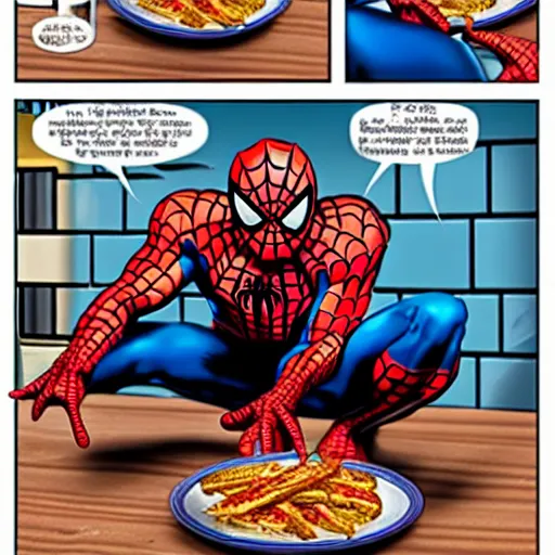 Prompt: spiderman eating greasy food from arby's