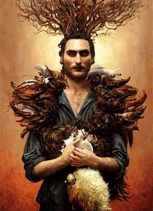 Image similar to a hyper detailed painting of an anthropomorphic joaquin phoenix as the king of animals, cow horns, pig nose, sheep wool, chicken feathers, horror, by anna podedworna, by miklos ligeti, by diego maricato, by taran fiddler, by antonino truisi, by chris reddie, on artstation