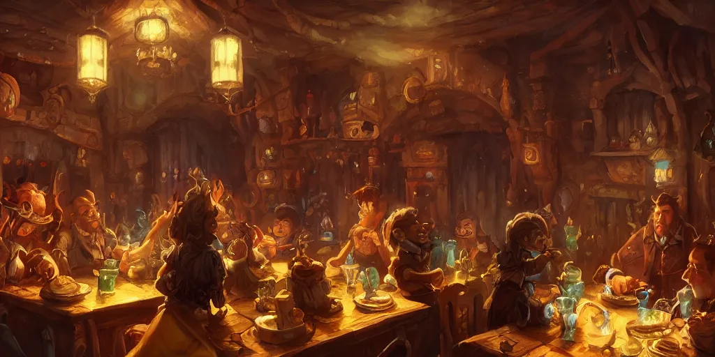 Image similar to tavern scene, cinematic, Victorian, by Tony Sart and Anato Finnstark, illustration, concept art, award winning on Artstation, deviantart