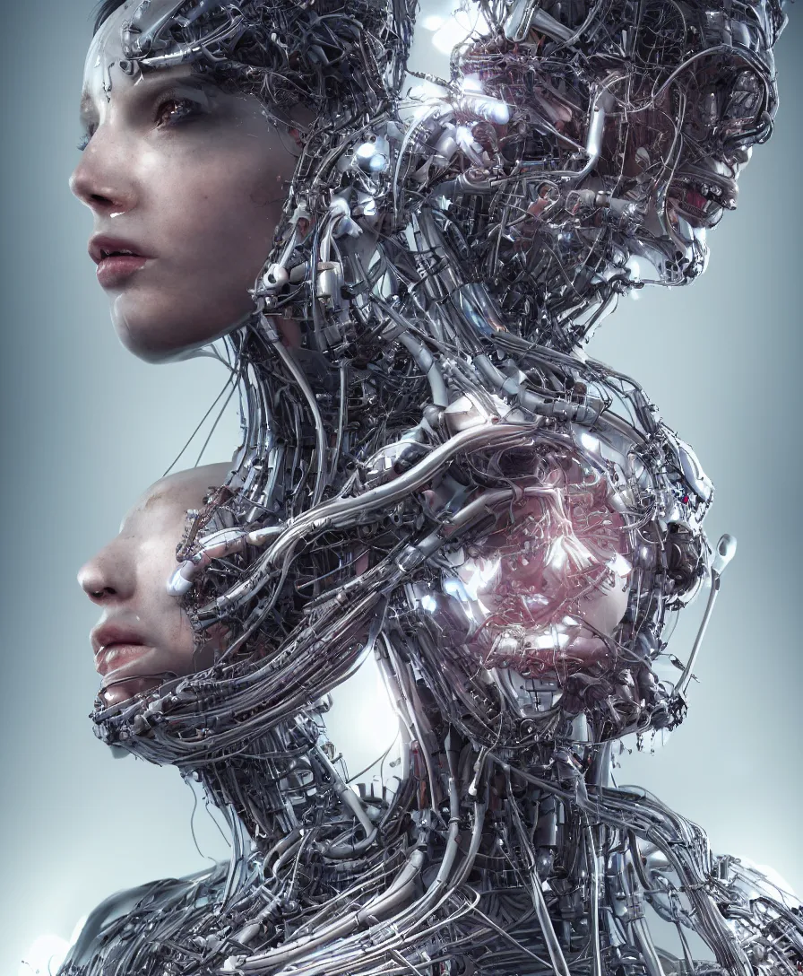 Prompt: a beautiful portrait of human face, with epic bionic cyborg implants, wires, tubes, biomechanical details, liquid, prismatic highlights, depth of field, cinematic, concept art, 5 0 mm, artstation, elegant, focus, octane render, vray, by h. r. giger