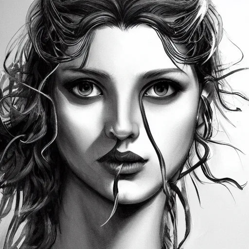 Image similar to medusa portrait painting, black and white, seductive, dynamic lighting, michelangelo, artstation, detailed, blurred background