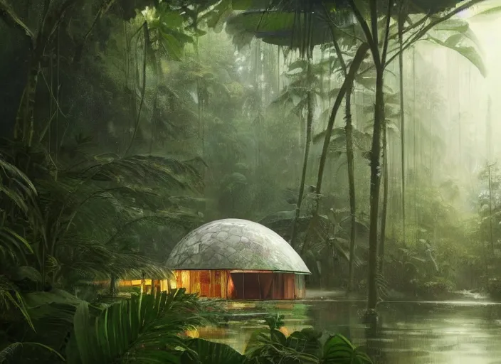 Image similar to a beautiful painting of a geodesic house in a moist tropical rainforest, by greg rutkowski, realism, artstation, nature