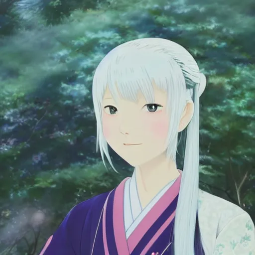 Image similar to Portrait of a japanese princess young lady, with white hair and bangs!!!! beauty artwork by Makoto Shinkai, Studio Ghibli, white hair, ayaka genshin impact, ayaka, ayaka game genshin impact, ayaka, extremely detailed, beautiful, establishing shot, artistic,