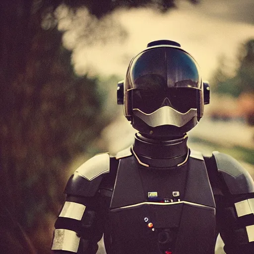 Image similar to portrait photograph of black spaceship pilot battle armor. super resolution. 85 mm f1.8 lens.bokeh.graflex. Alessio albi