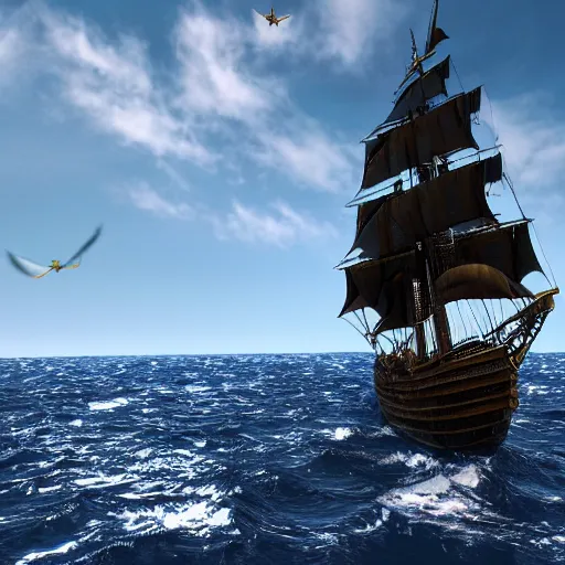 Prompt: pirates of the caribbean, the black pearl, sailing on a beautiful ocean, 3 d render