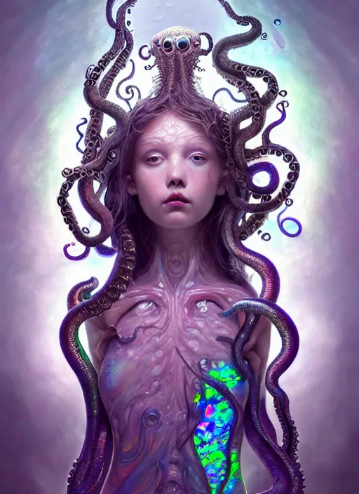 Prompt: A full shot of a cute magical monster Cryptid wearing a dress made of opals and tentacles. Subsurface Scattering. Translucent Skin. Caustics. Prismatic light. defined facial features, symmetrical facial features. Opalescent surface. Soft Lighting. beautiful lighting. By Giger and Ruan Jia and Artgerm and WLOP and William-Adolphe Bouguereau and Loish and Lisa Frank. Sailor Moon. trending on artstation, featured on pixiv, award winning, sharp, details, intricate details, realistic, Hyper-detailed, HD, HDR, 4K, 8K.