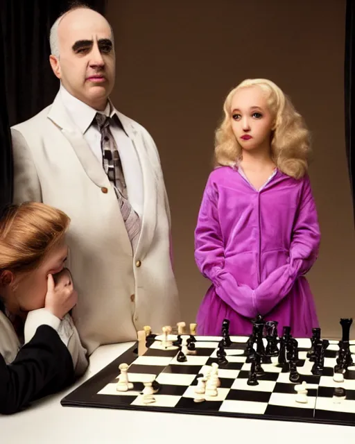 Prompt: Honey Boo playing chess with Wednesday Adams of the Adams Family while Gary Kasparov stands off in a corner of the room wearing a Straight Jacket. studio lighting, Photorealistic