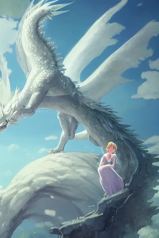 Image similar to beautiful scene render that a princess rely on a huge silver white dragon back, finely detailed angelic face delicate features, facial symmetry, in the fairyland surrounded by white clouds, perfectly shaded, atmospheric lighting, style of makoto shinkai and peter mohrbacher, studio ghibli. artgerm, beeple, animation style, 4 k hd, hyper detailed