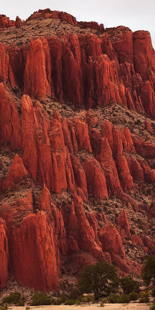 Image similar to an atmospheric film still by Ridley Scott with a huge towering dark gothic cathedral carved out of rock at the top of a red rock canyon