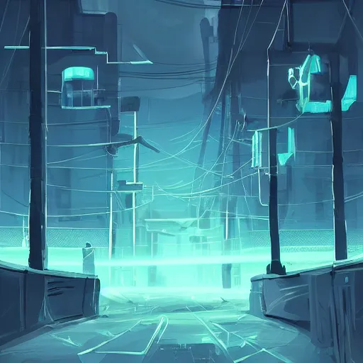 Image similar to teal and white colors. Utility poles in style of cytus and deemo, mysterious vibes, set in half-life 2, beautiful with eerie vibes, very inspirational, very stylish, surrealistic, perfect digital art, mystical journey in strange world, bastion game