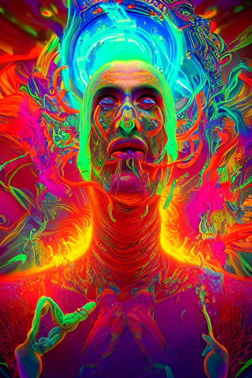 Image similar to an ancient shaman engulfed in colorful liquid smoke and neon clouds, a colorful psychedelic experience, dmt, lsd, face, delicate, highly detailed, digital painting, artstation, concept art, smooth, sharp focus, illustration, digital art by hana yata, and artem demura and beeple, octane render, unreal engine, 8 k