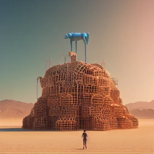 Image similar to highly detailed 3d render of burning man festival sculpture with cornflowers by Beeple