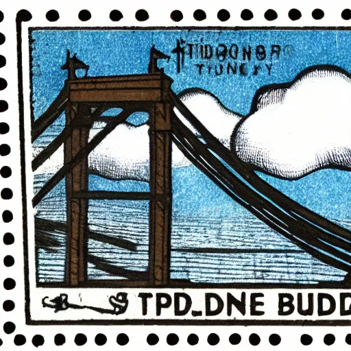 Image similar to small steel suspension bridge built in 1 9 2 8, side view, puffy clouds in background, woodcut style stamp, 8 k