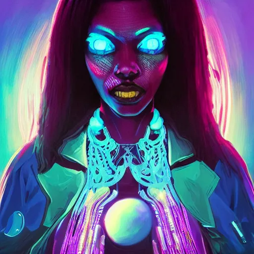 Image similar to african neon necromancer, science fiction, highly detailed, digital painting, beautiful eyes, symmetry, concept art, sharp focus, illustration, global illumination, radiant light, synthwave colors, detailed and intricate environment, art by artgerm and greg rutkowski and magali villeneuve and ilya kuvshinov!