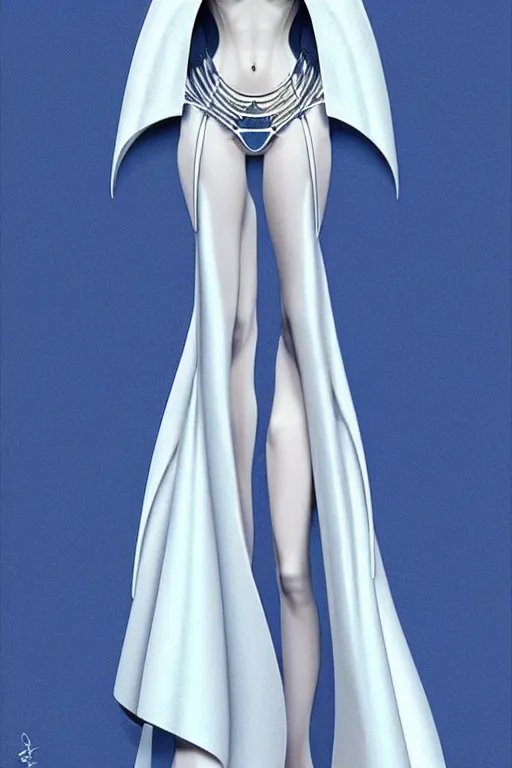 Prompt: detailed beautiful noun in opened white gold blue coat, seductive confident pose, attractive feminine curves, intricate details, futuristic, alien, elegant cape, elegant, photorealism, trending on artstation, holy halo, advanced technology, art by moebius and vitaly bulgarov and chanthara