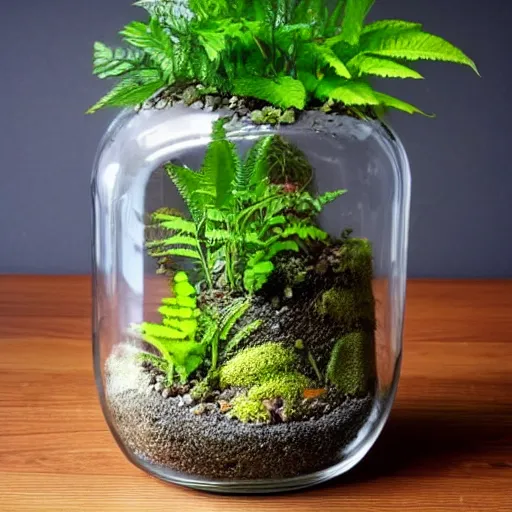 Prompt: a terrarium jar with fittonia plant, fern plant, moss and stone in a tropical atmosphere, mist