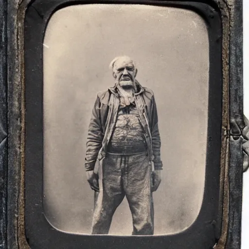 Image similar to tintype photograph, post - nuclear town, old man, tattooed man, sad man, 2 0 9 0 s