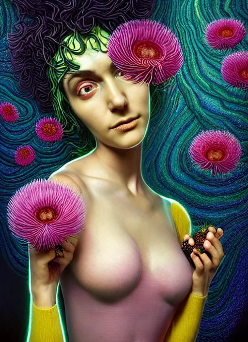 Image similar to hyper detailed 3d render like a Oil painting - Ramona Flowers with wavy black hair wearing thick mascara seen out Eating of the Strangling network of colorful yellowcake and aerochrome and milky Fruit around her neck and Her staring intensely delicate Hands hold of gossamer polyp blossoms bring iridescent fungal flowers whose spores black the foolish stars by Jacek Yerka, Mariusz Lewandowski, silly playful fun face, Houdini algorithmic generative render, Abstract brush strokes, Masterpiece, Edward Hopper and James Gilleard, Zdzislaw Beksinski, Mark Ryden, Wolfgang Lettl, Dan Hiller, hints of Yayoi Kasuma, octane render, 8k