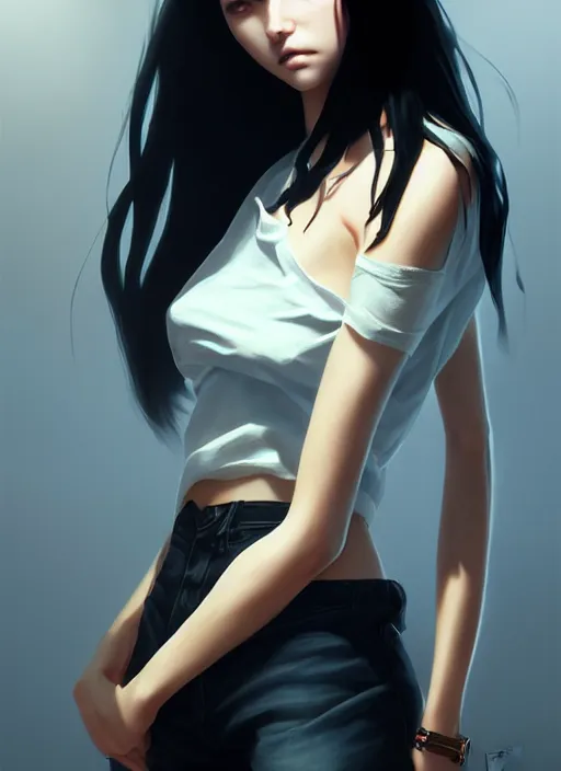 Image similar to ultradetailed beautiful stylish young lady wearing a short top, dramatic, she has black long hair, distressed, volumetric light, full body portrait by greg rutkowski, ilya kuvshinov, james jean, makoto shinkai, on artstation