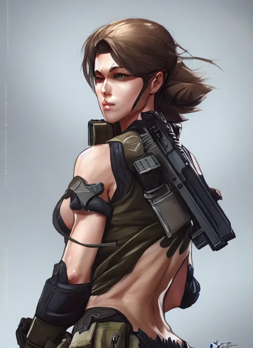 Prompt: female sexy soldier, wide angle view, highly detailed, artgerm, cushart krenz, metal gear solid style, trending on artstation, soft light, sharp focus, illustration, character design, concept art