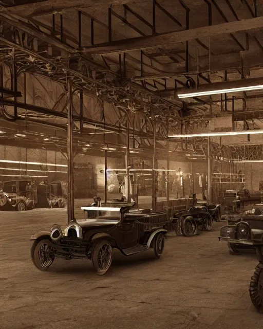 Prompt: interior of historic large factory with luxury cars of 1920s, volumetric lighting, sepia tones, hyper realism, high detail, octane render, high contrast , 8k