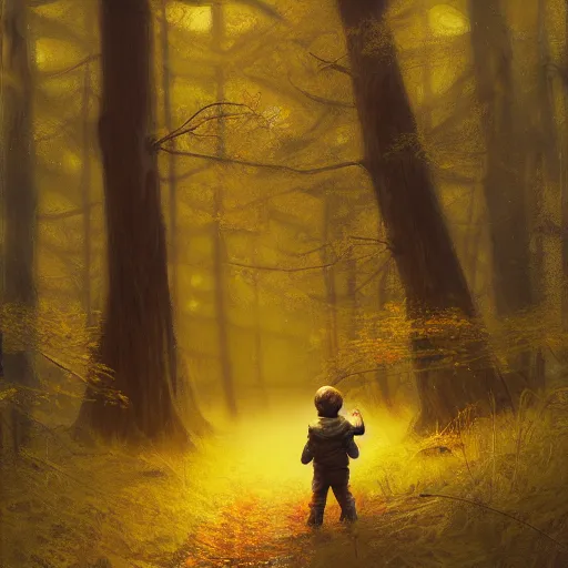 Prompt: a boy wearing a yellow jacket on the woods, by greg rutkowski, by anato finnstark, by axel sauerwald