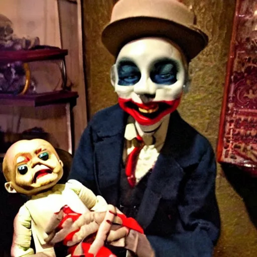 Image similar to evil possessed ventriloquist dummy for sale in a creepy dimly lit antique store