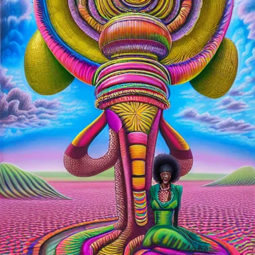 Image similar to a regal and elegant african queen with a colorful afro sitting in a cabana on top of an extremely large steampunk elephant near a pink lake with a large glowing baobab tree, by amanda sage and alex grey and evgeni gordiets in a surreal psychedelic style, oil on canvas 8k, hd