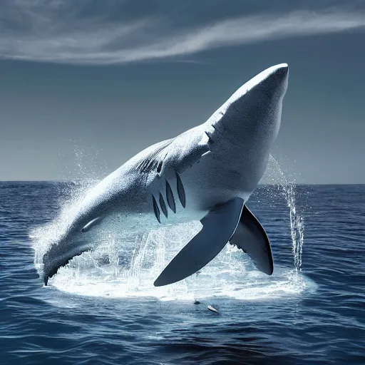 Image similar to water artwork manipulation in the shape of a giant shark, on the ocean water, ray tracing, realistic water sharp focus, long shot, 8 k resolution, cinematic, amazing water art