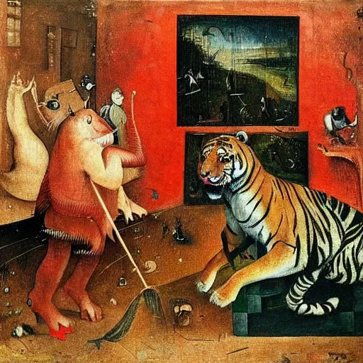 Image similar to in a dream world, a tiger tries to close an important deal, a pig tries to prevent the success of the deal, in the style of hieronymus bosch, part by victor stabin, part by afro, part by cagli, epic composition, insanely quality, only with red and crimson colors, masterpiece