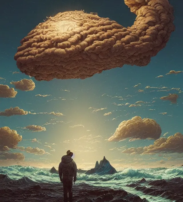 Prompt: a giant 🌊 swirling in the sky above a barren 🏜 by ivan shishkin and zacharias aagaard and simon stalenhag and dan mumford and josan gonzalez, surrealism, chiaroscuro, hyper detailed, desaturated, retrowave