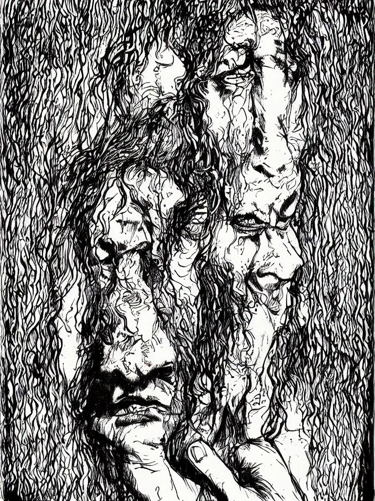 Image similar to face portrait of a shaman with a big nose and curly black hair, hand drawn illustration, ink and marker, by sergio toppi