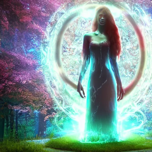 Prompt: a beautiful portrait render of a vibrational being stepping out of a portal into nature, trending on ArtStation