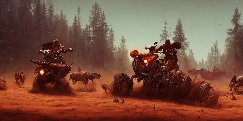 Prompt: indian on wooden native atv attacking bufallos, action scene, an epic fantasy, dramatic lighting, cinematic, establishing shot, extremely high detail, photorealistic, cinematic lighting, artstation, octane render, by simon stalenhag, horizon forbidden west and western