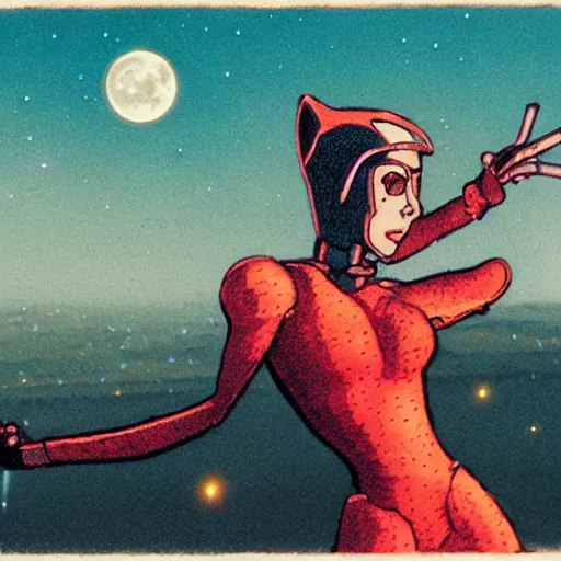 Image similar to A cyborg lady with her cat standing on her shoulders, standing on a cliff looking down at a futuristic city, with the atmosphere colored pale red, with dust particles and grains of wind blowing, and the moon is closely seen in the sky.