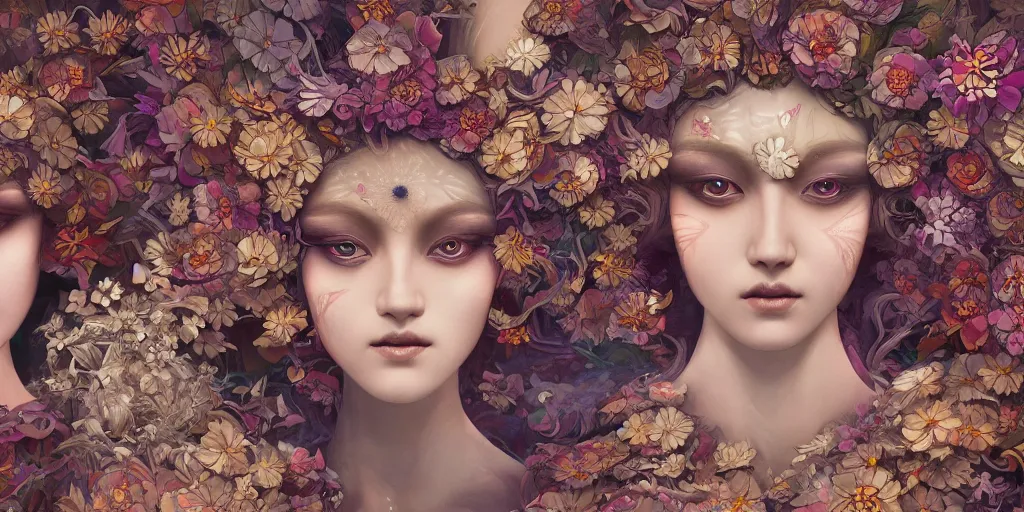 Image similar to breathtaking detailed concept art painting kaleidoscope art deco pattern of blonde faces goddesses amalmation flowers, by hsiao - ron cheng, bizarre compositions, exquisite detail, extremely moody lighting, 8 k