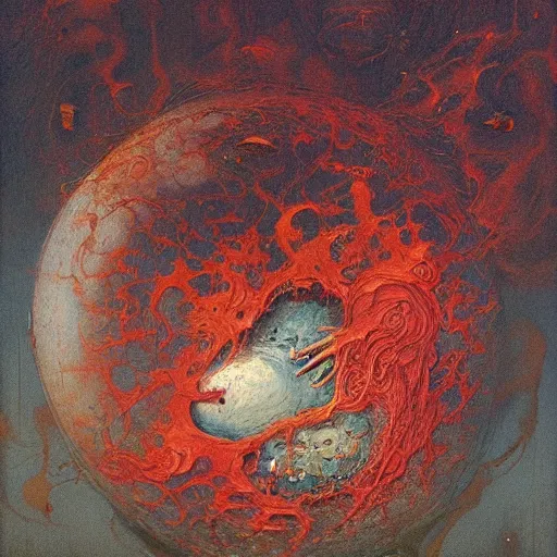 Image similar to a sphere being devoured by abstract splatters of paint in the style of francis bacon, venus being engulfed in flames in the style of james jean, surreal, beksinski, high detailed