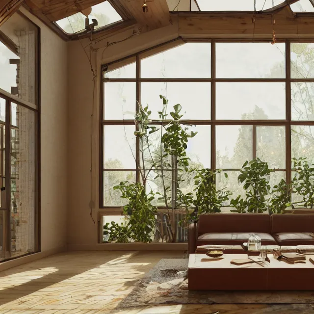 Prompt: post and beam a - frame interior, tall ceilings and loft, caramel leather couch, vintage fridge, large window in back with fall foliage, many plants hanging, marble countertops, spiral staircase, realistic, unreal engine render, octane render, hyper realistic, photo, 8 k