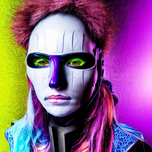 Prompt: a portrait photo of a futuristic sci - fi pirate, purple themed, rainbow highlights, robot pirate