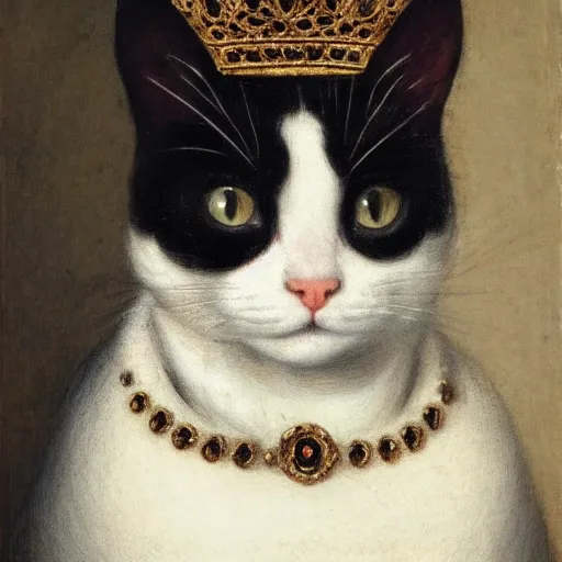 Image similar to renaissance portrait of a black and white cat wearing a crown, in the style of eugene de blaas