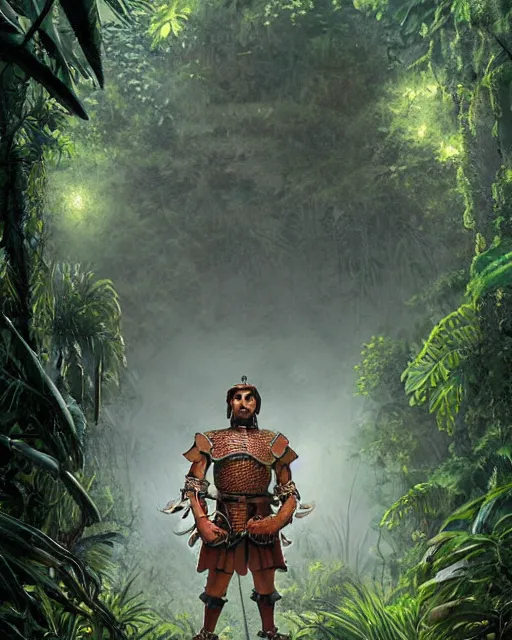 Prompt: detailed 3d render of a spanish conquistador wearing ornate armor in a dense jungle environment, art by nicola saviori and studio ghibli and disney concept artists, studio ghibli color scheme, octane, cgsociety, intricate, cinematic lightning, symmetric, anatomy, face