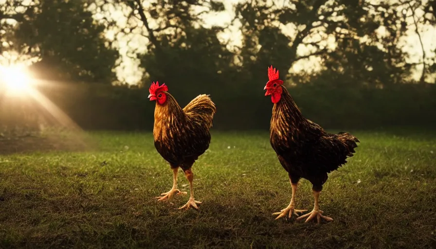 Image similar to A chicken in a movie, cinematic shot, sun beams